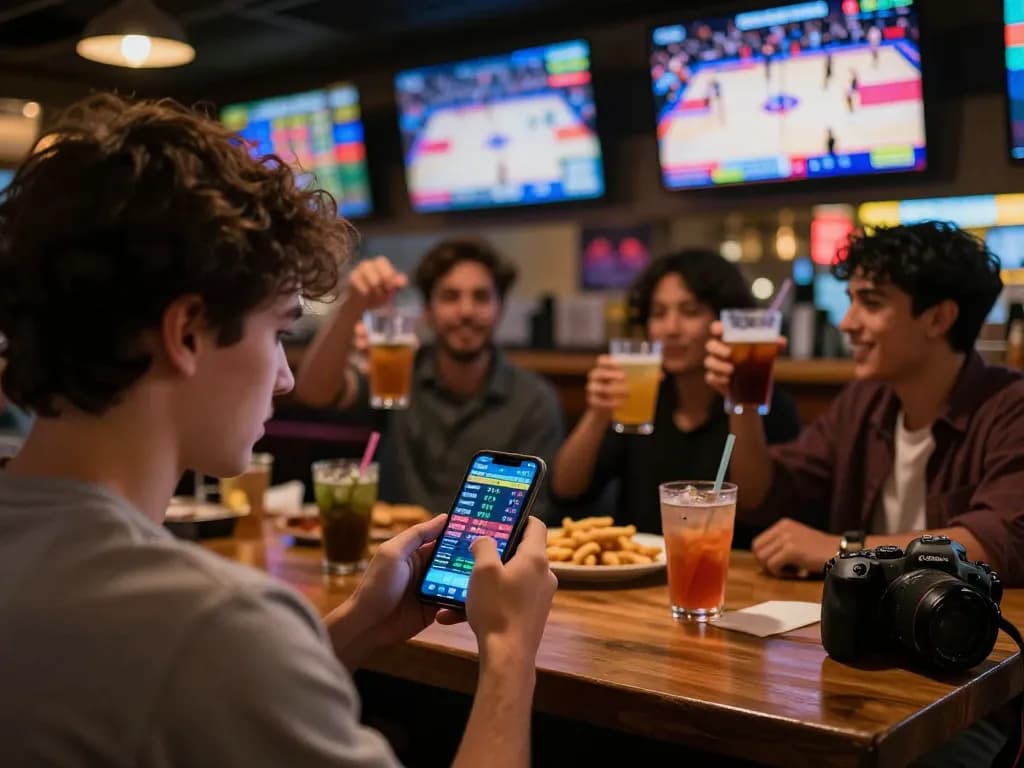 VUA88 betting excitement at a sports bar with screens showcasing live odds and friends celebrating wins.