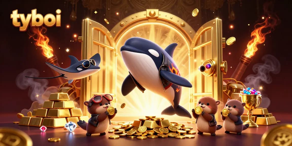 Engage in thrilling tyboi gaming with a vibrant scene featuring characters and rich treasures.