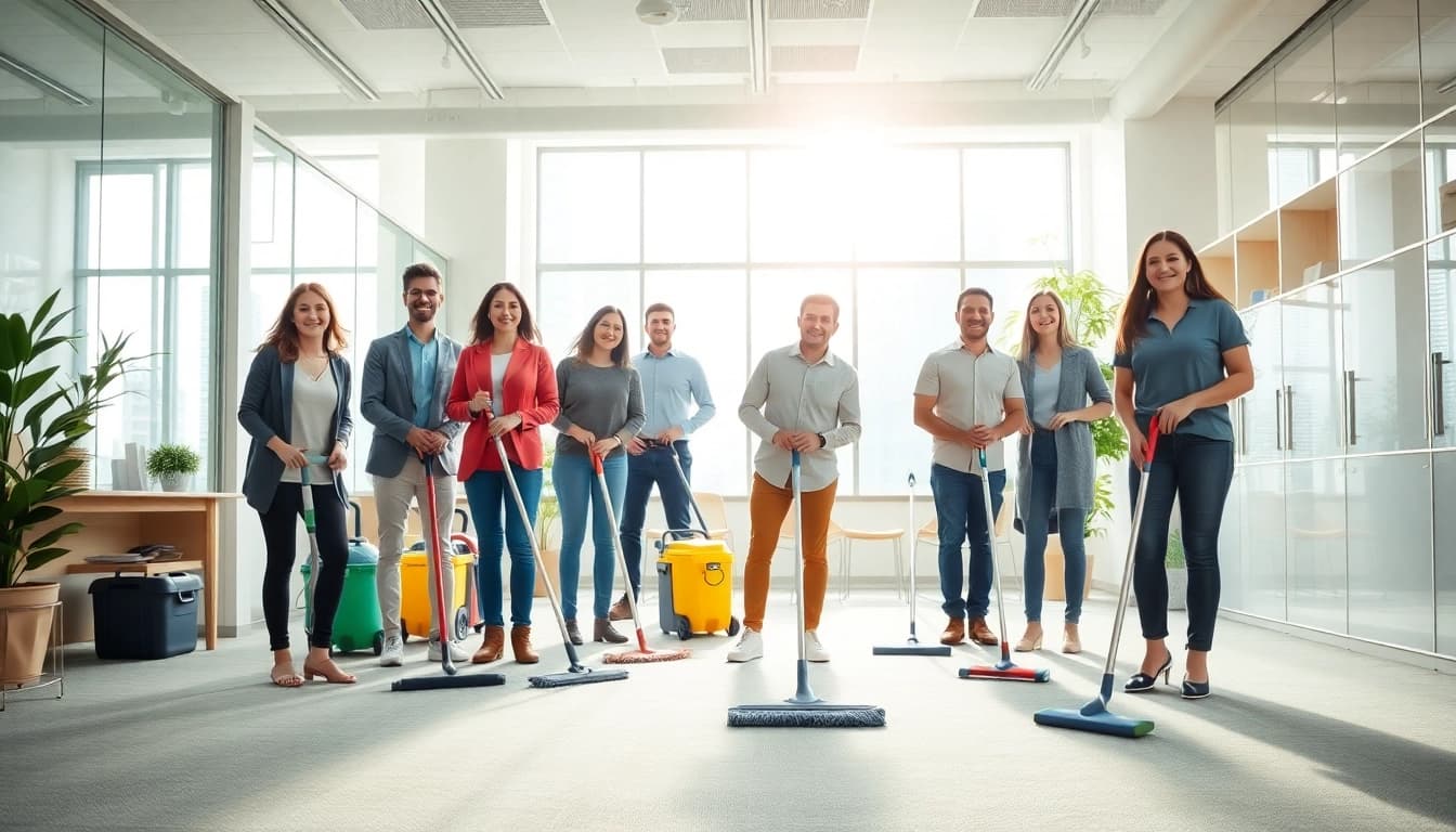 Effektiv städning företag med team i modern kontorsmiljö som arbetar tillsammans.