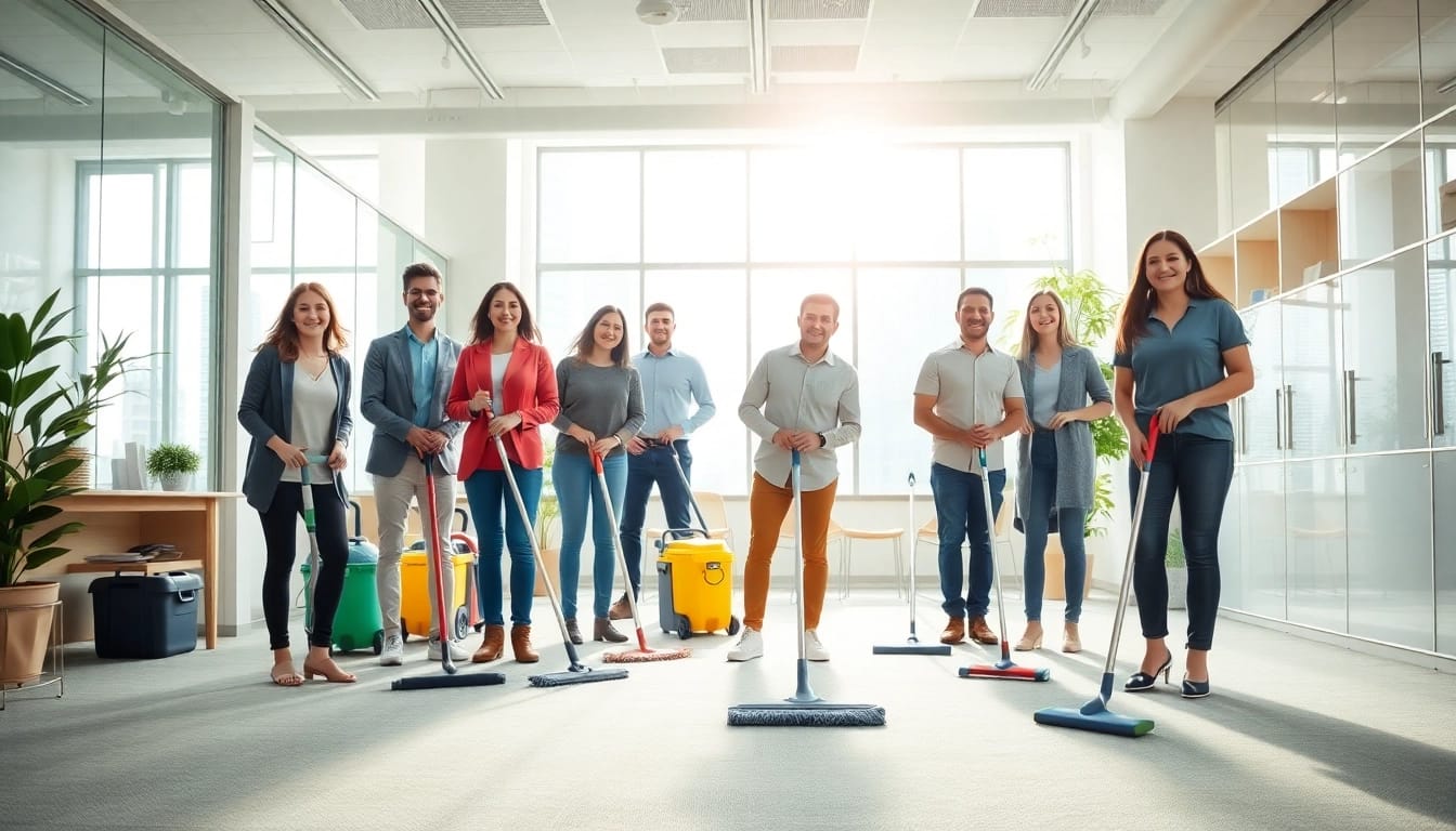 Effektiv städning företag med team i modern kontorsmiljö som arbetar tillsammans.