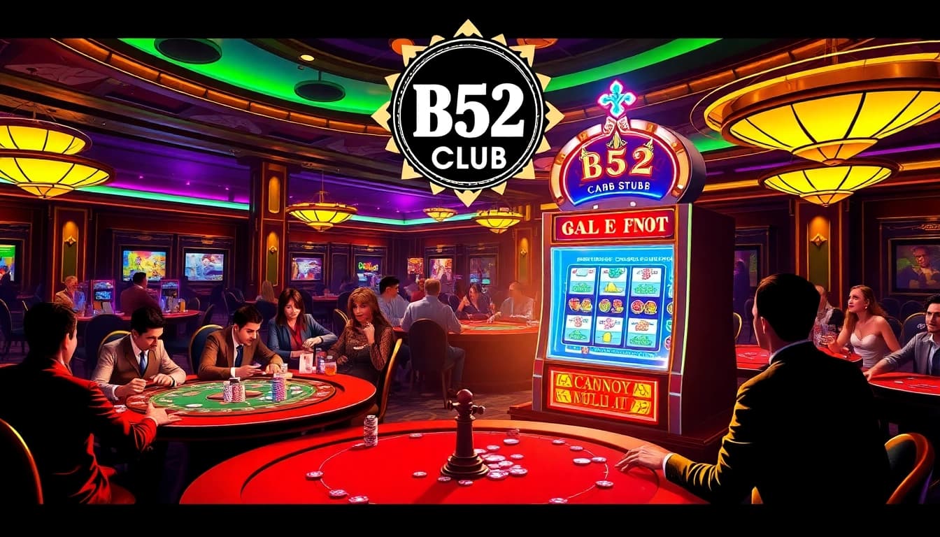 B52 Club logo displayed in a lively casino atmosphere with engaged players at tables.