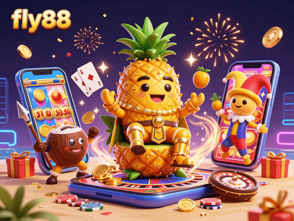 Engage with fly88's dynamic gaming experience through a vibrant 3D illustration featuring a pineapple king and fun casino elements.