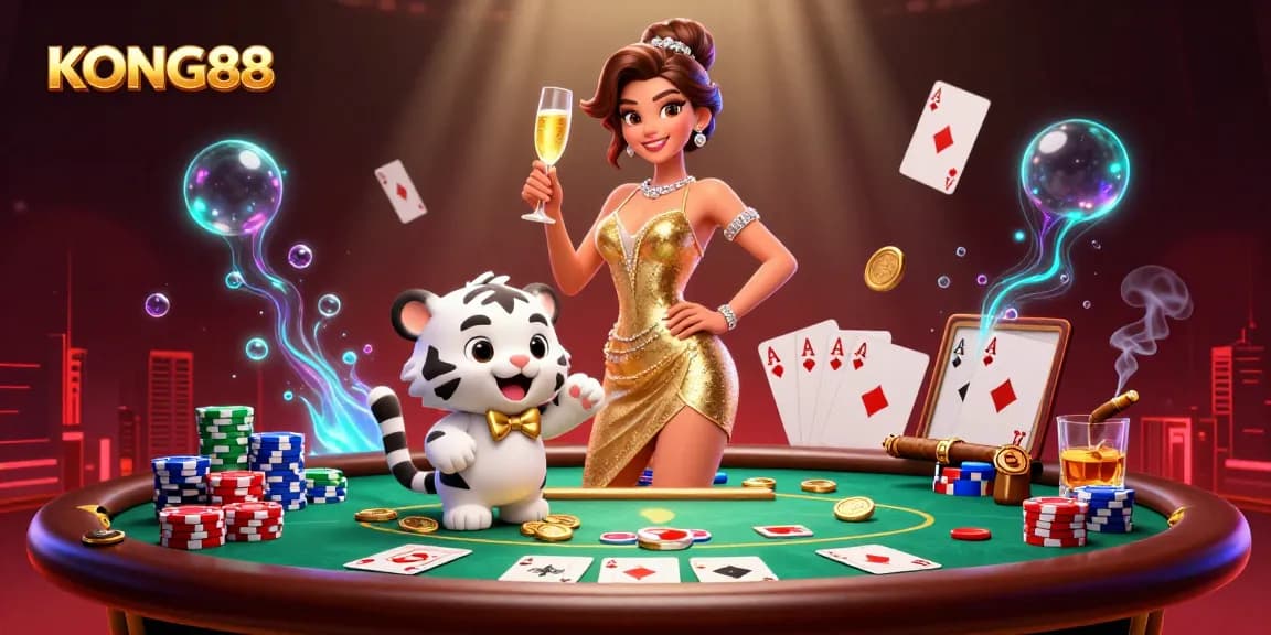 KONG88 enhances your casino experience with glamorous scenes filled with poker chips and vibrant characters.