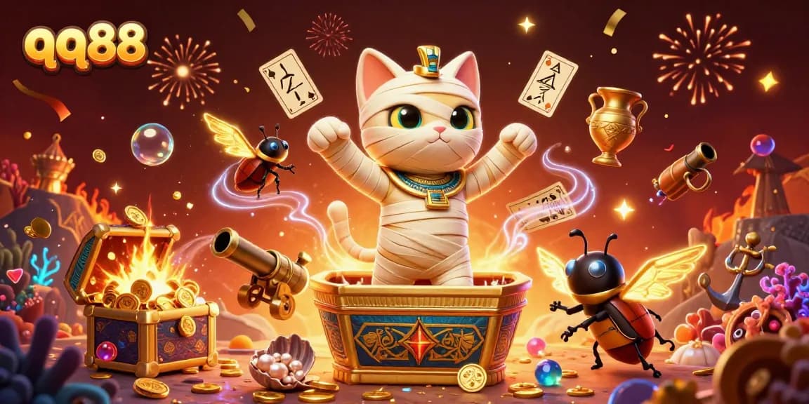 Interactive gaming fun featuring qq88 mummy cat and treasures in a stylish pyramid casino.