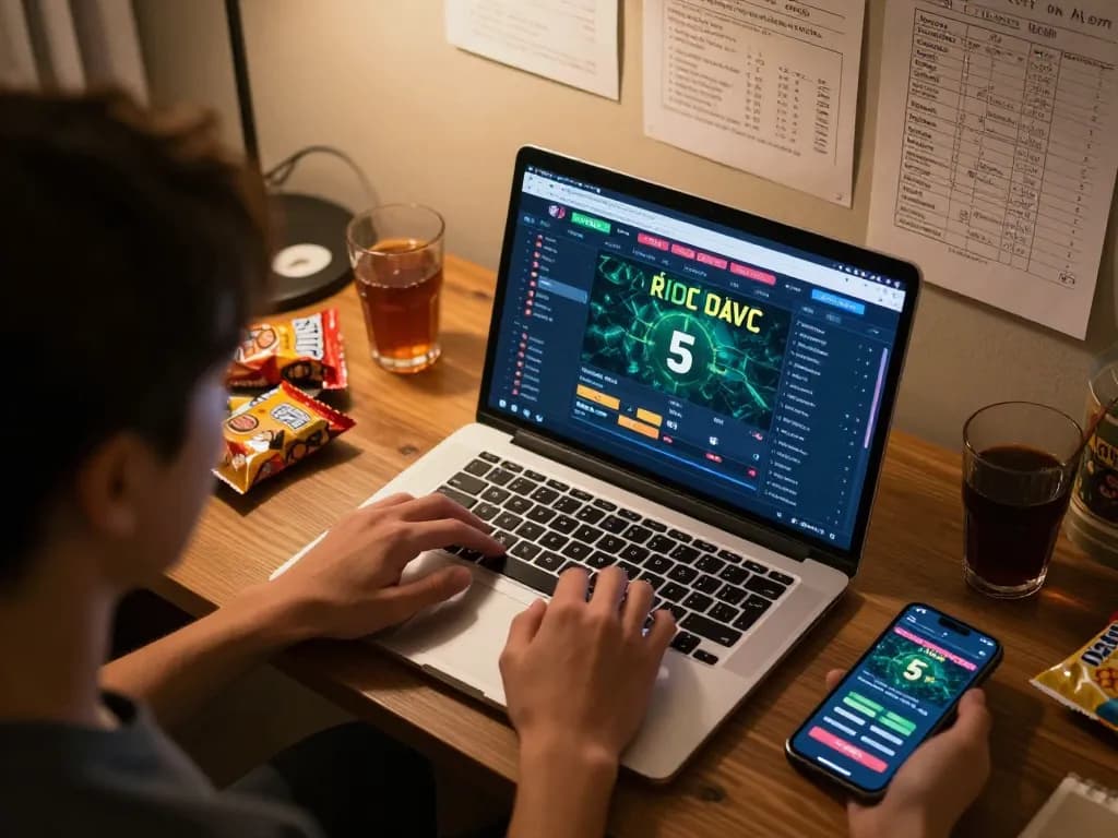 Person engaging with kèo nhà cái 5 interface on laptop, illustrating online sports betting strategy.