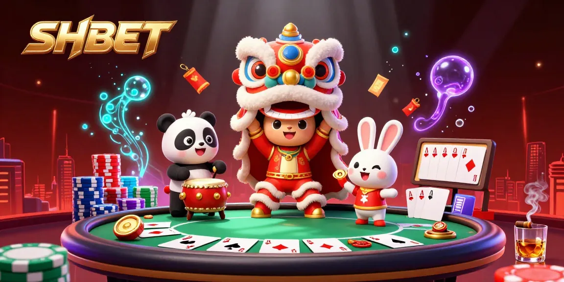 Experience the thrilling SHBET gaming world with vibrant characters and dynamic casino elements in this lively 3D illustration.