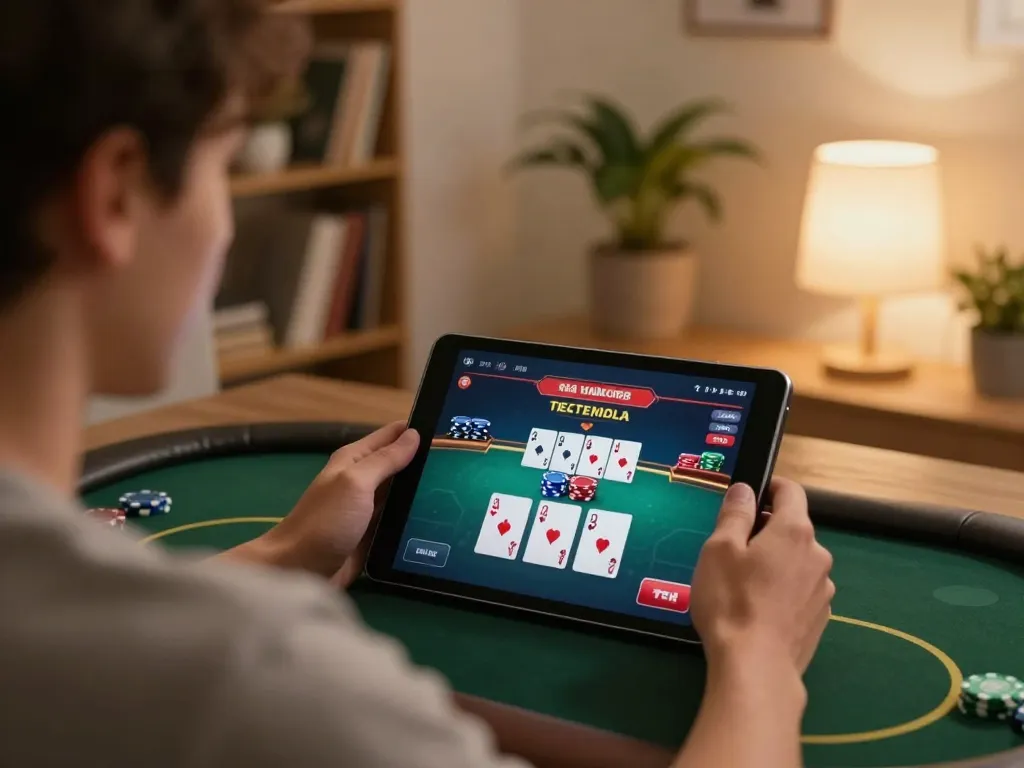 Kuwin player engaged in online poker game, showcasing responsible gaming atmosphere.