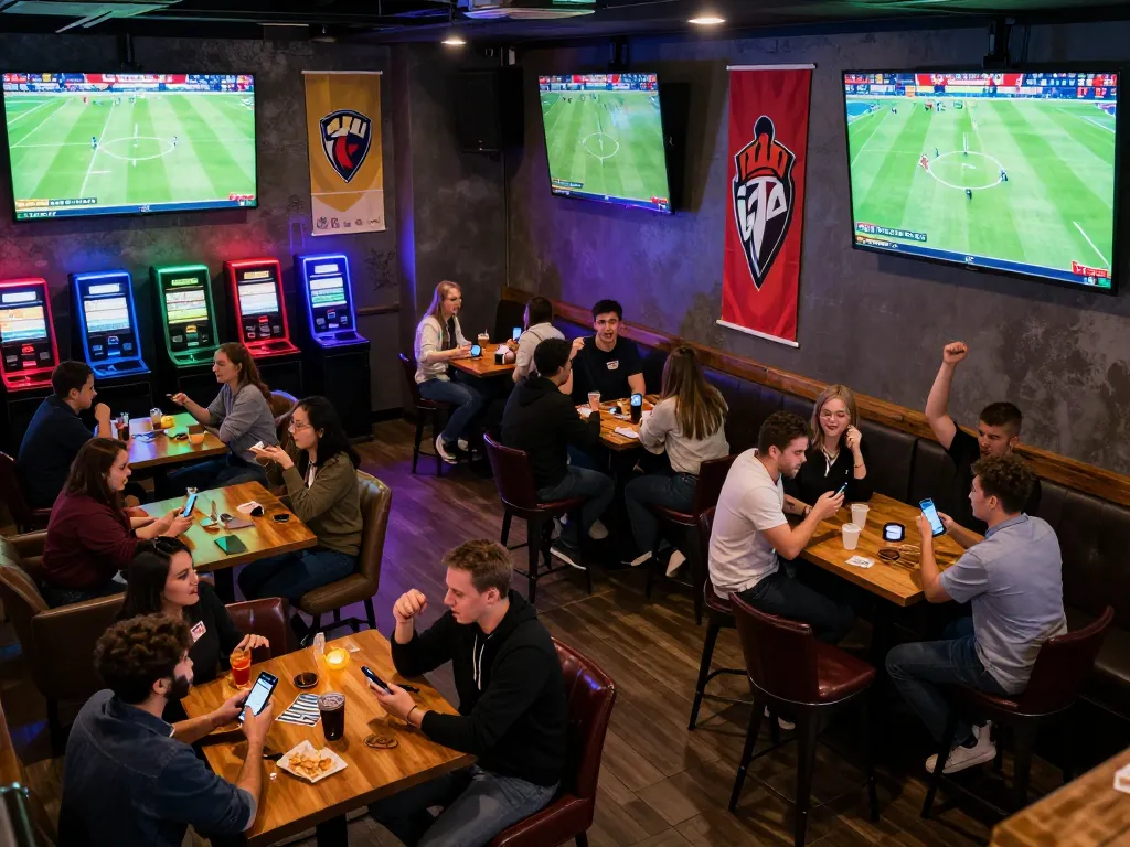 Xoilac sports fans actively placing bets during live football matches in a vibrant bar setting