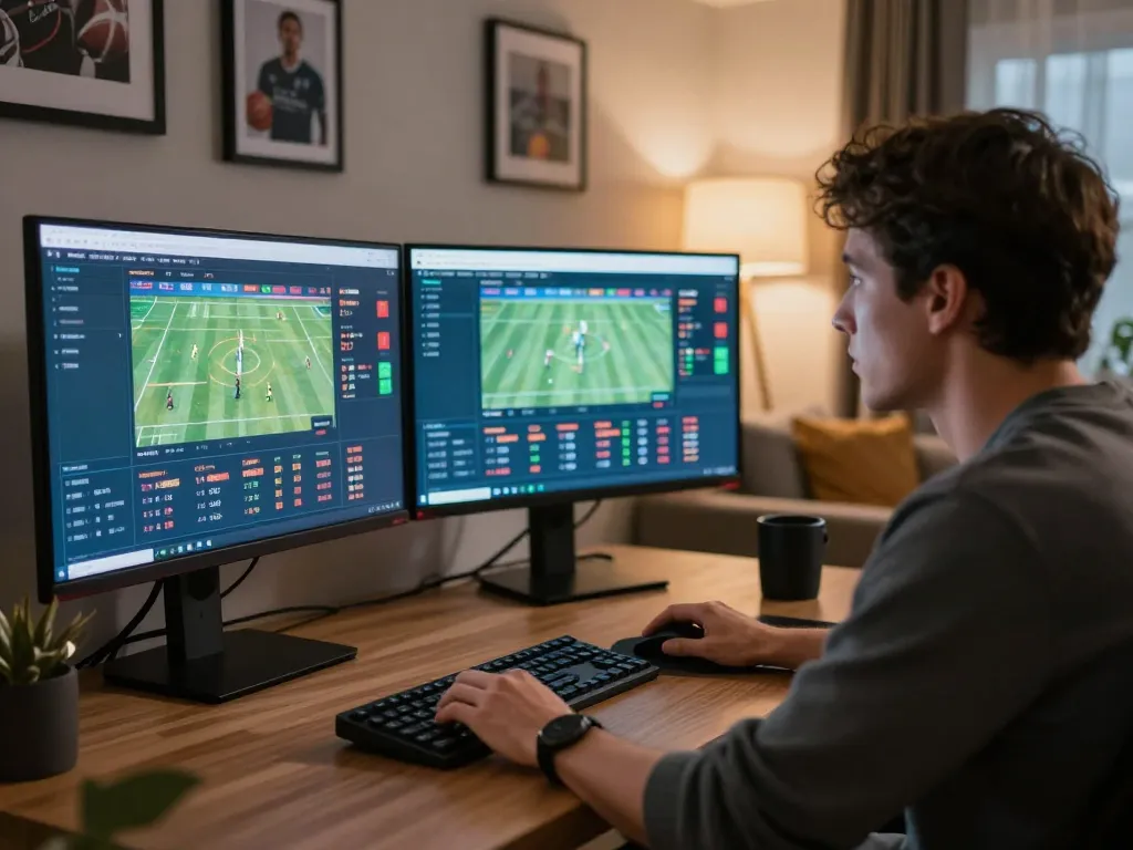 Engaging in strategic kèo nhà cái sports betting with multiple screens in an upscale home.