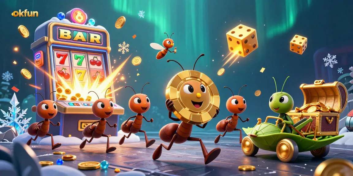 Experience exciting gameplay with okfun as ants embark on a thrilling heist amidst a vibrant casino scene.