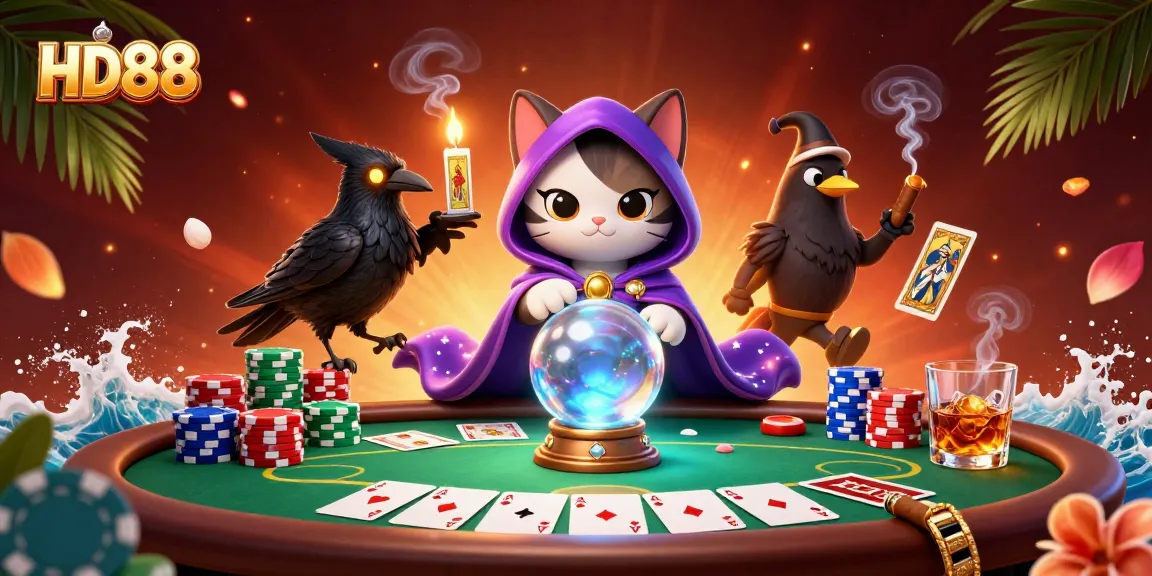 Engage in thrilling gameplay at HD88, featuring vibrant 3D cartoon illustrations of fortune tellers and poker elements.