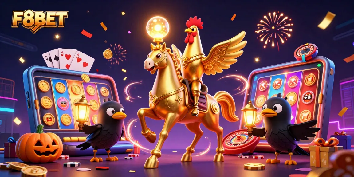 Experience the thrilling gaming world of F8BET with enchanting 3D casino elements and golden rooster in action.