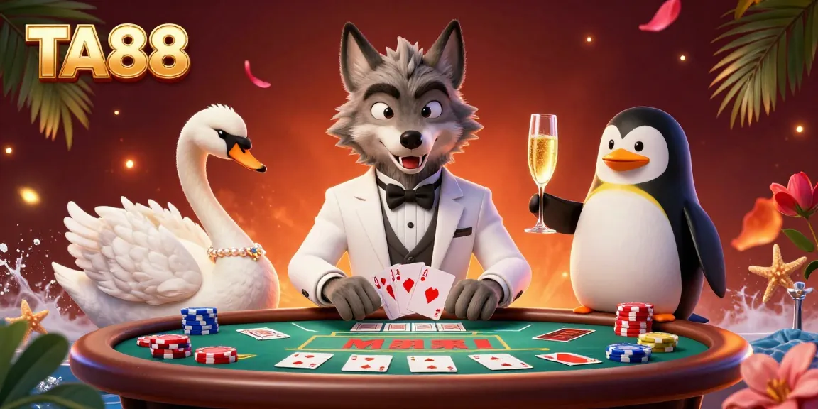 Experience thrilling action at TA88 with a debonair wolf and elegant characters at a baccarat table.