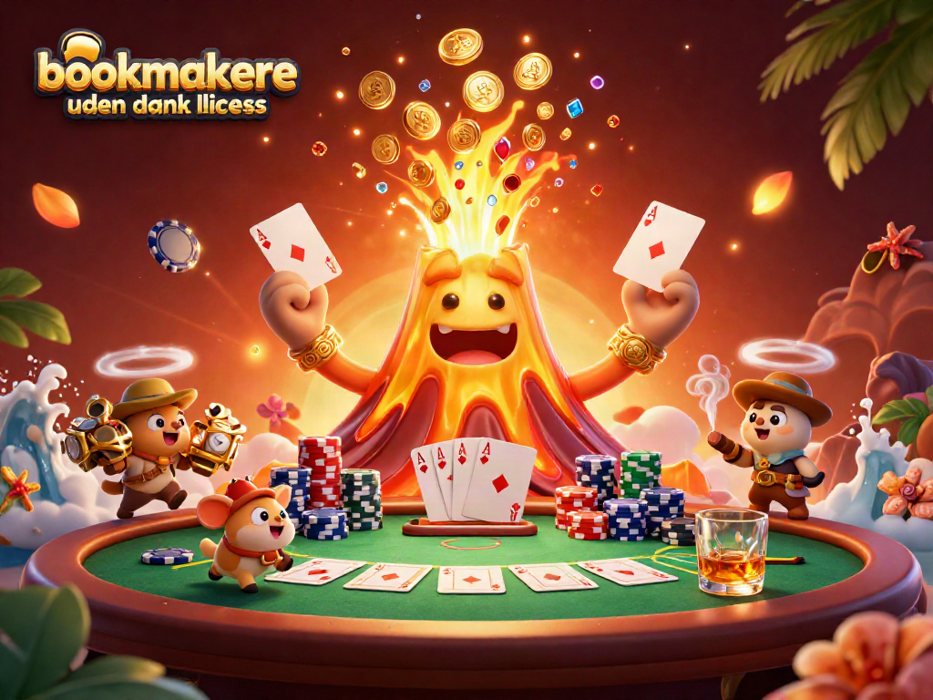 Experience the excitement of bookmakere uden dansk licens with animated treasures and poker elements in a vibrant scene.