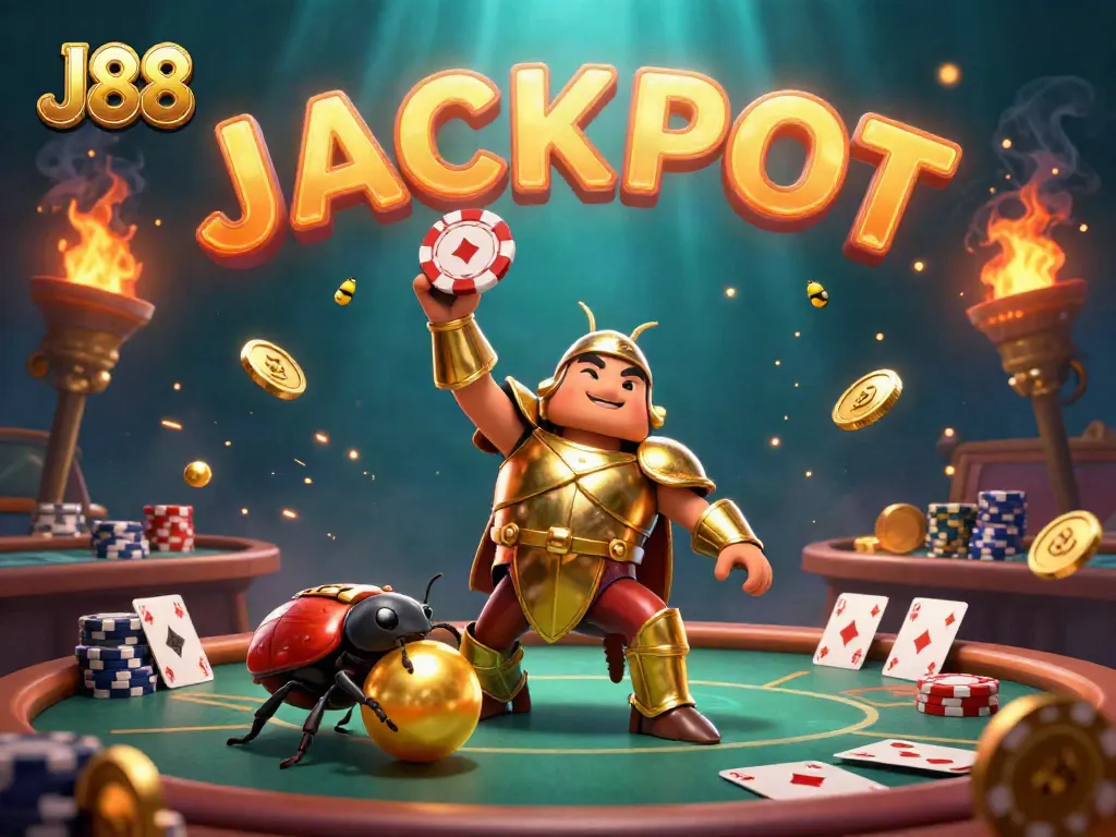Win big with J88 as a hero beetle celebrates a jackpot at the poker table.
