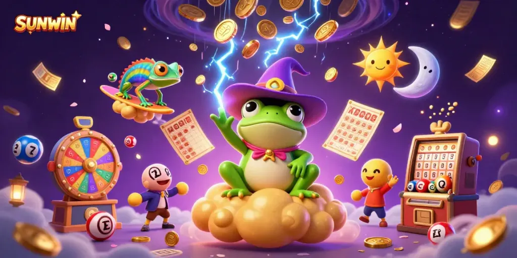 Experience excitement with SUNWIN as magical beings and coins dance in a 3D casino world.