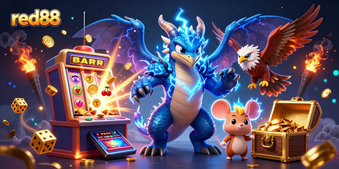 Experience exciting wins at red88 with a thrilling casino illustration featuring dynamic game elements and electric characters.