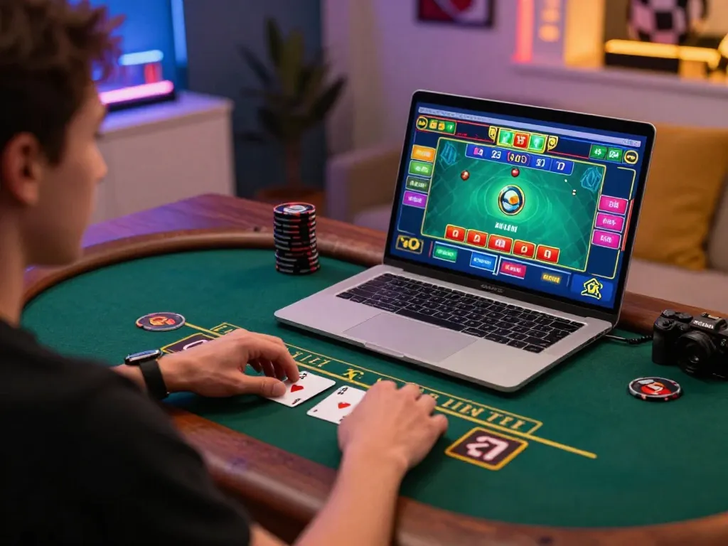 Engaged player using https://8kbets.moe/ for live blackjack at home, showcasing vibrant gaming interface and focused atmosphere.