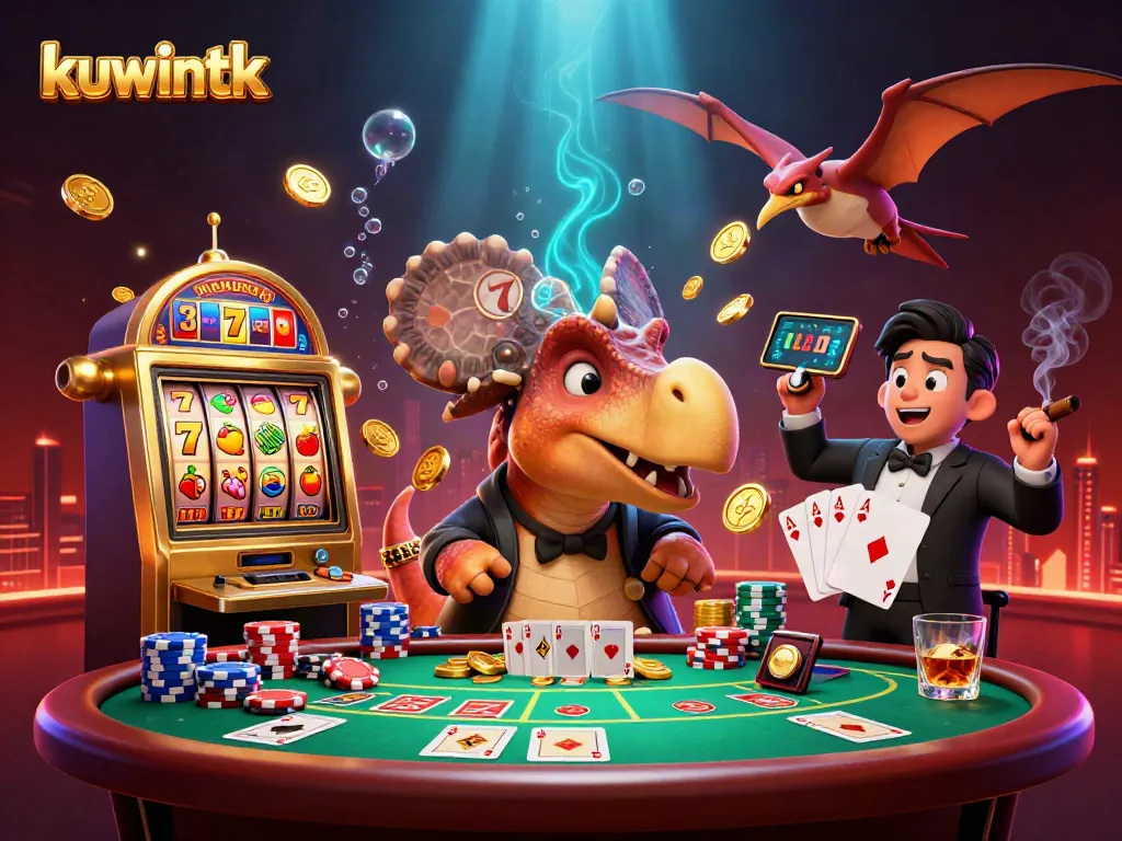 kuwintk casino scene with a dinosaur winning a jackpot at a slot machine and coins flying