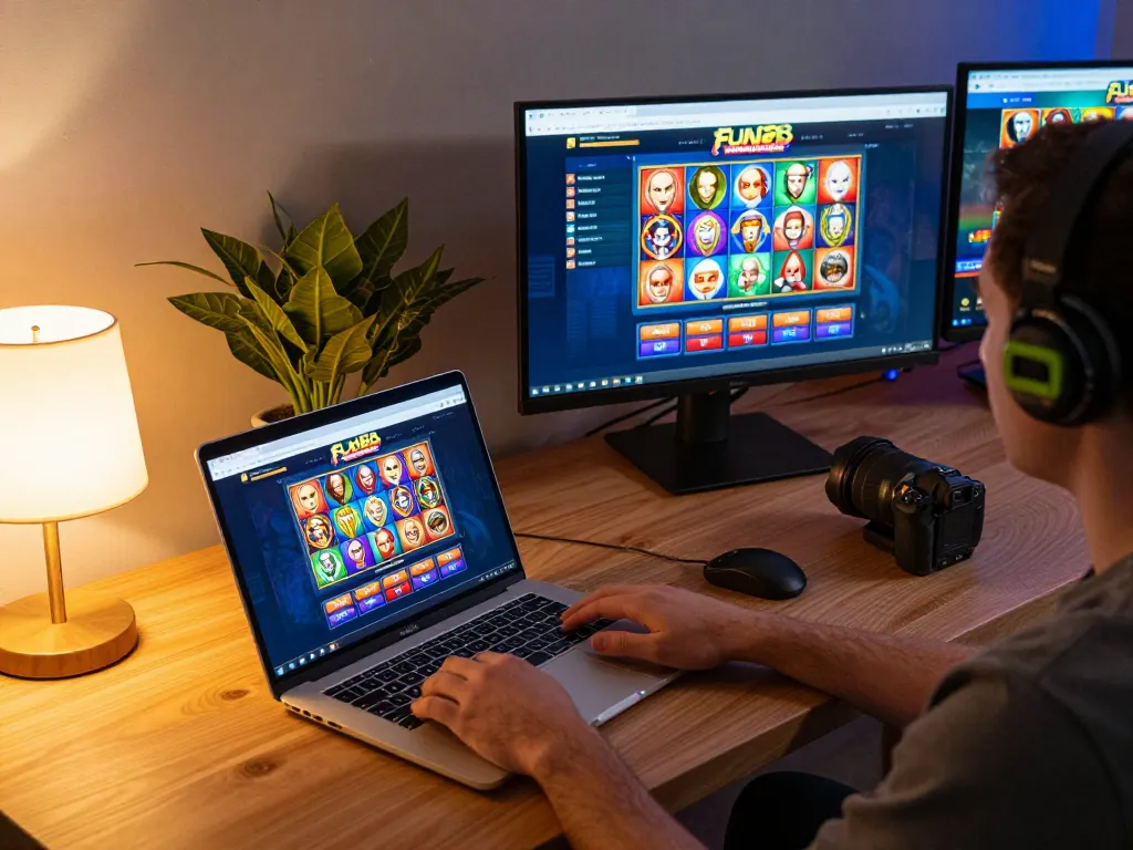 Engaging in online fun88 gaming, featuring colorful slot screen and warm home atmosphere.