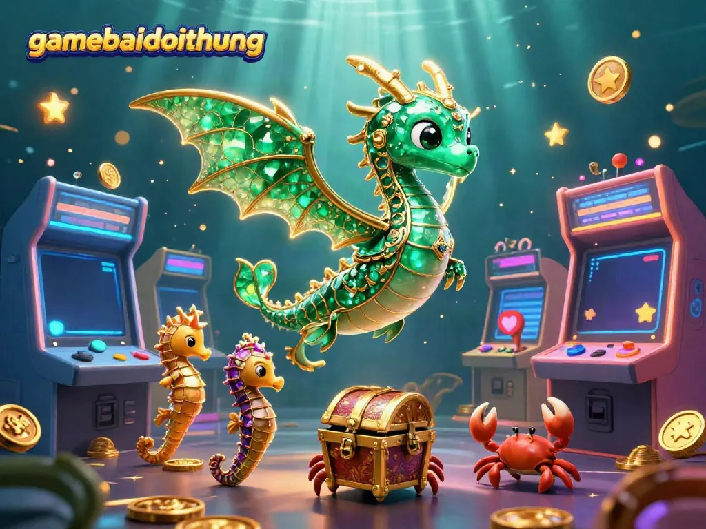 Experience the magical underwater realm of gamebaidoithuong with a vibrant sea dragon and arcade elements.