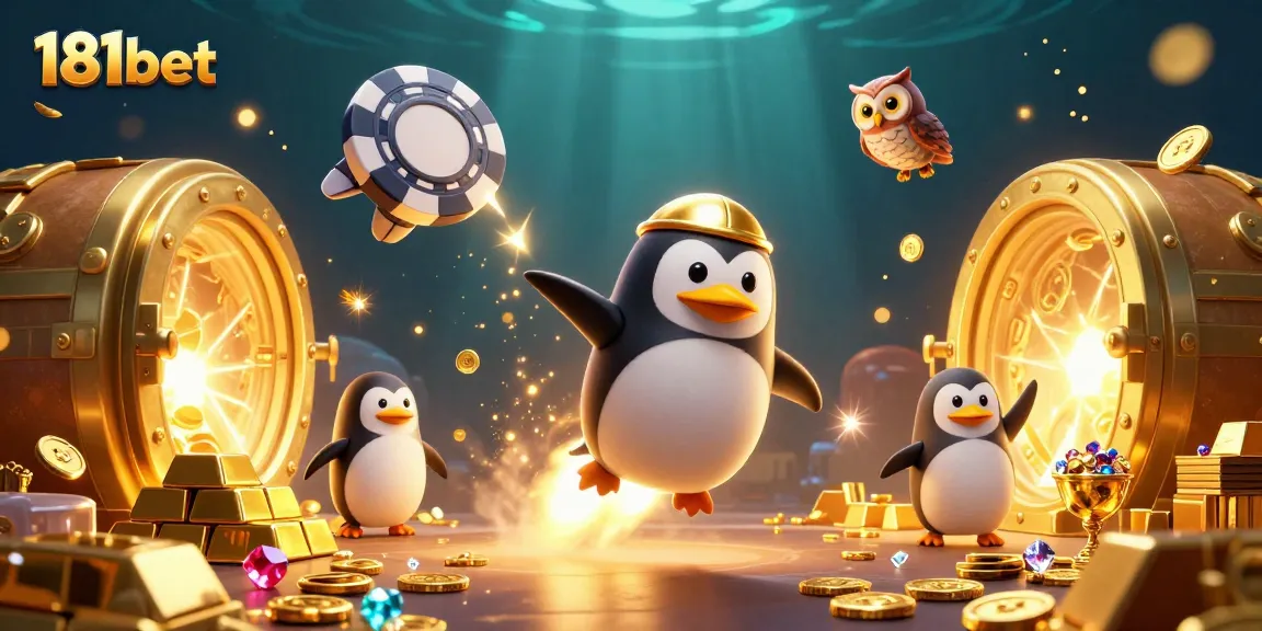 Experience the excitement of 181bet with a golden penguin soaring to a casino-inspired adventure.