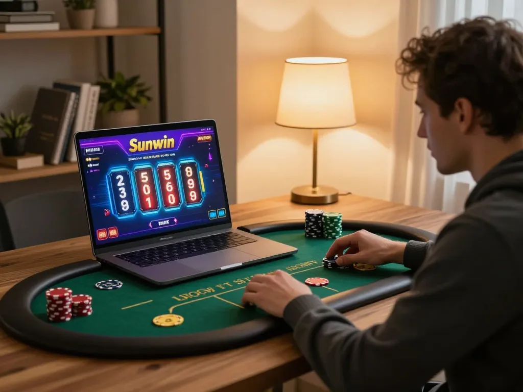 sunwin online casino player engaging in strategic bets at home gaming setup