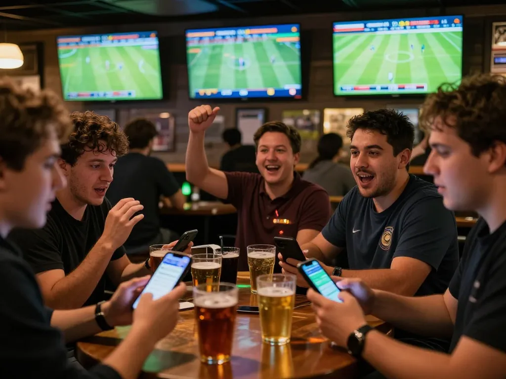 Engaging scene of live sports betting in a bar, emphasizing kèo bóng đá trực tuyến excitement and camaraderie among fans.