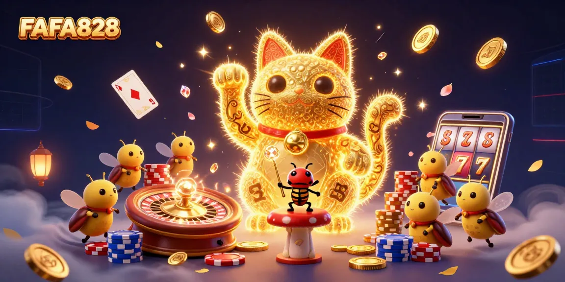Experience FAFA828 with a vibrant 3D illustration of lucky casino symbols and fireflies.
