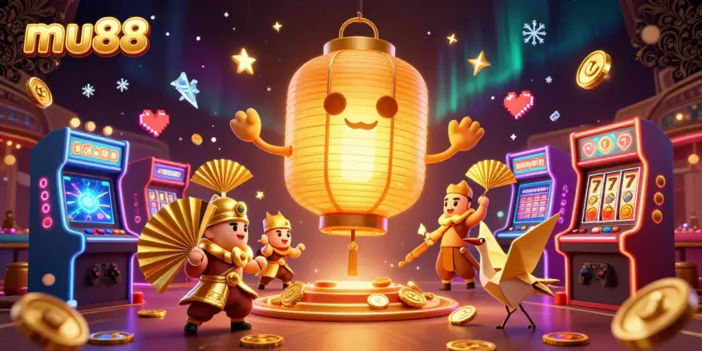 Experience the excitement of the Mu88 casino with a vibrant scene of gameplay and lucky symbols.