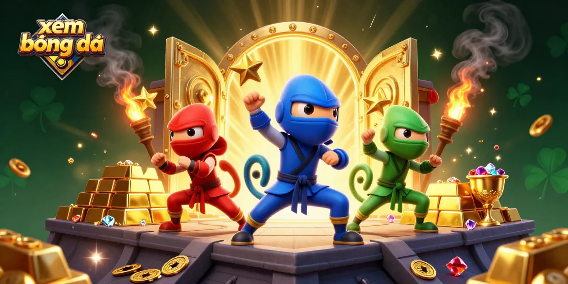 Xem bóng đá captures chameleon ninjas launching golden stars surrounded by treasures and casino elements.
