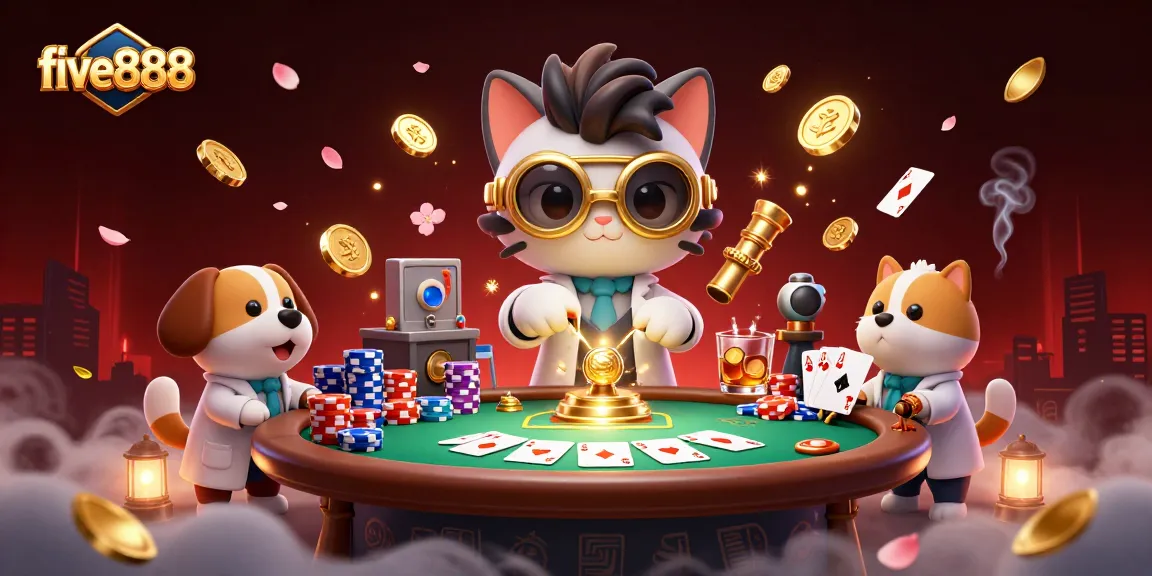 Experience thrilling poker action with five888's vibrant casino scene featuring cartoon characters and game elements.