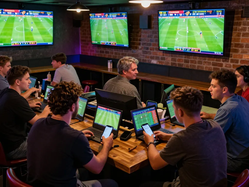 Socolive xem bong da in action as sports fans engage in live betting at a bustling venue.