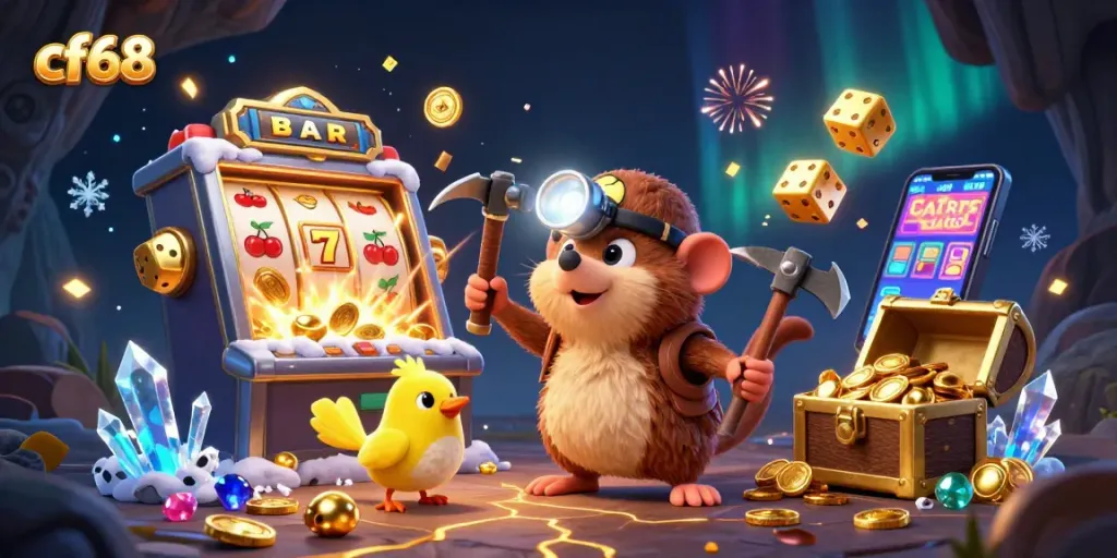 Engage with cf68's vibrant 3D casino scene featuring treasure hunter mole and exciting jackpot elements.