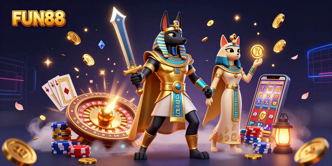 Experience the thrill of FUN88's casino offerings with Anubis and Bastet in a lively 3D scene.