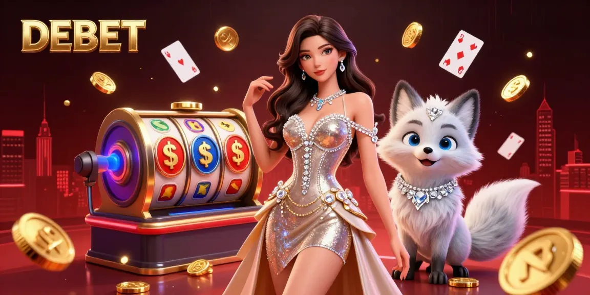 Engage with DEBET's vibrant casino world, featuring a glamorous character and dazzling gold elements.