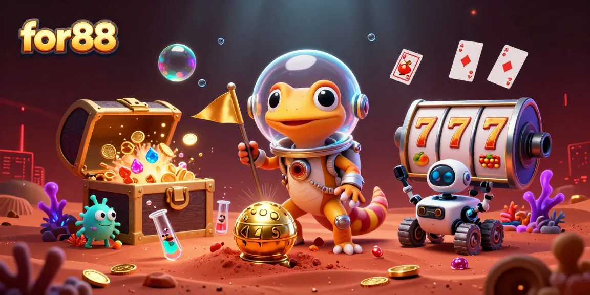 for88 gaming experience featuring a Martian gecko discovering a buried casino in vibrant colors with exciting slot games