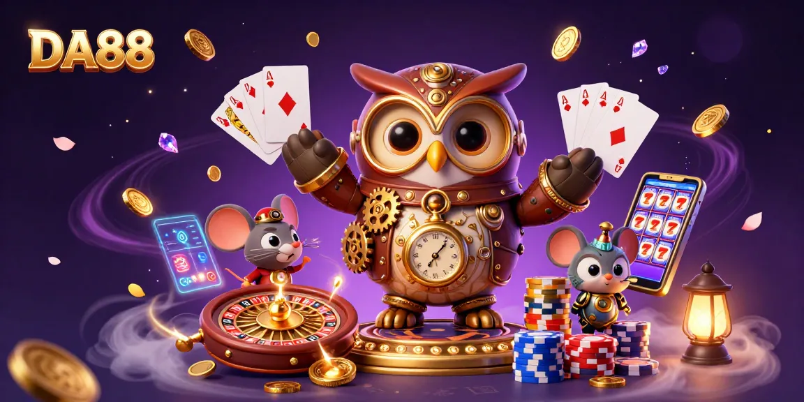 Spin the reels with DA88 in a vibrant, bustling casino scene featuring time-traveling characters.