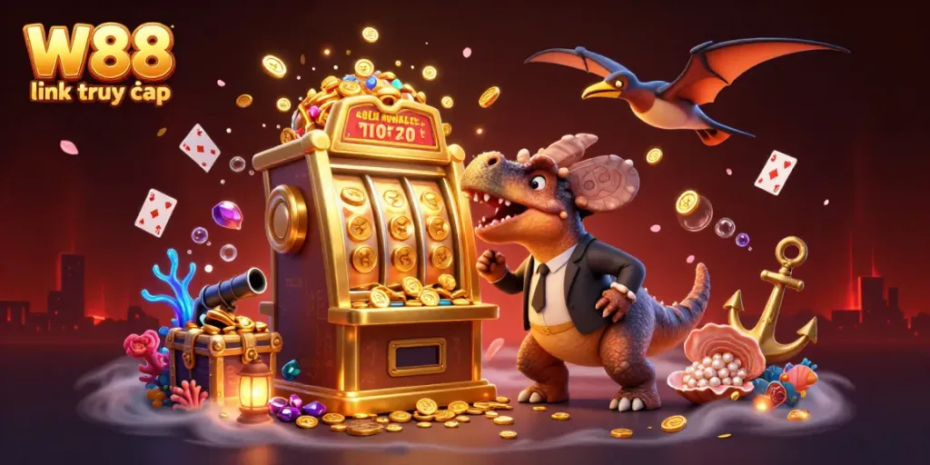 Experience the excitement of W88 link truy cập with vibrant 3D characters and immersive casino elements in a rich gaming landscape.