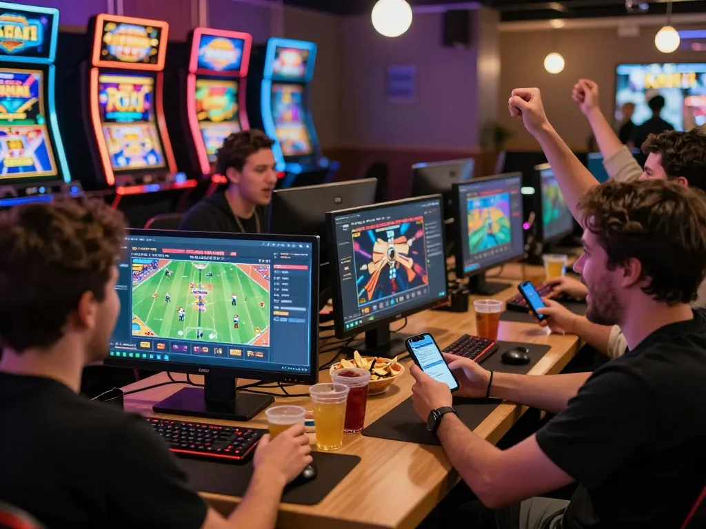 Kwin gaming platform scene with excited players engaging in online betting and celebrations.