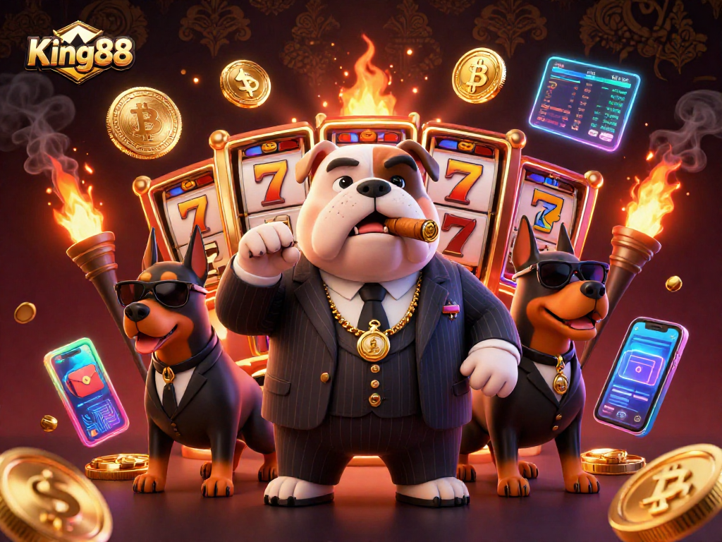 King88 presents an engaging scene featuring a mafia bulldog and Dobermen in a vibrant casino atmosphere.