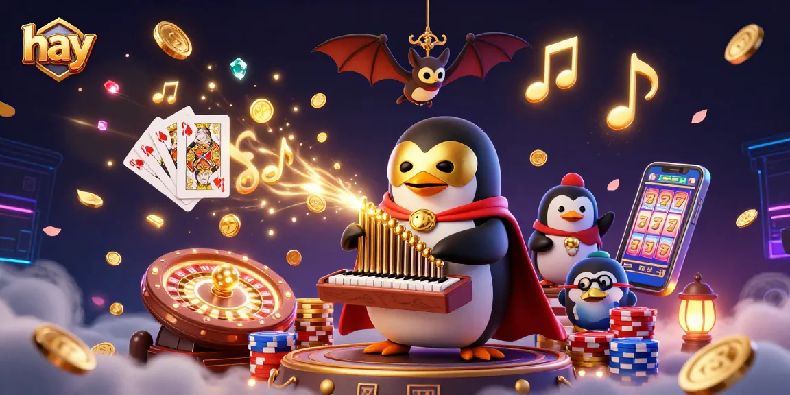 Engage with the exciting scene as the hay penguin leads a vibrant casino adventure with golden coins, cards, and chips.