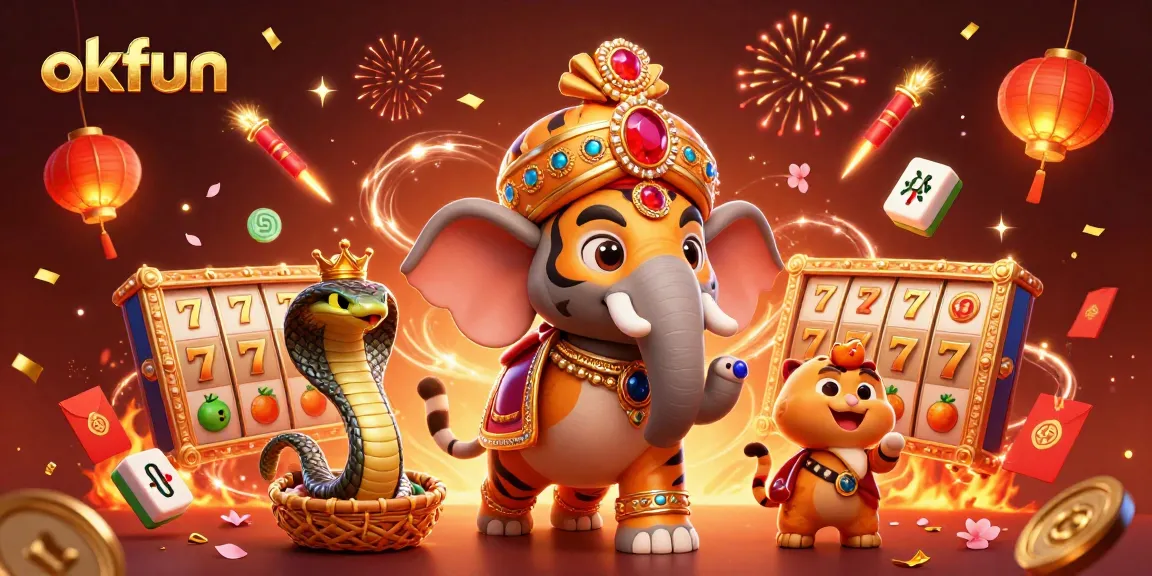Spin the reels and enjoy casino fun with okfun's vibrant 3D illustration featuring exciting games.