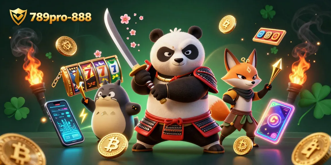 Experience the thrill of 789pro-888 with dynamic samurai panda and ninja fox illustrations for casino action.