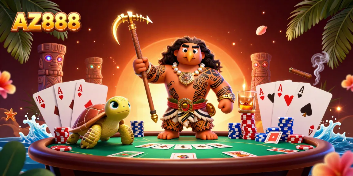 Experience thrilling poker gameplay with AZ888's vibrant 3D rendering of casino characters.