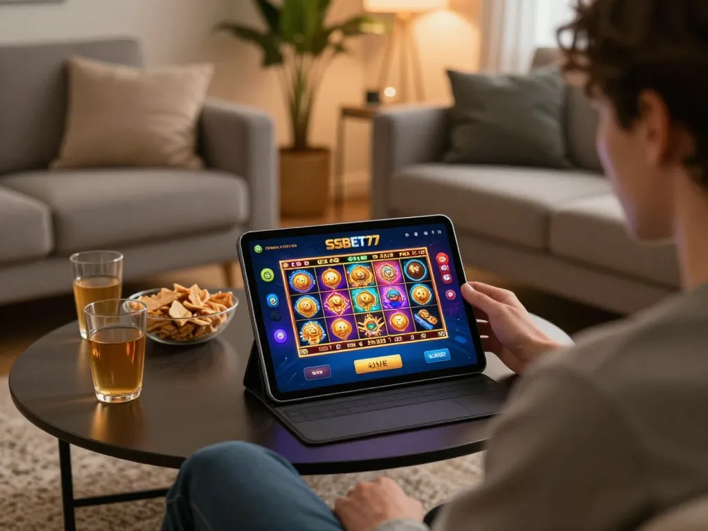 Player enjoying interactive online gaming on SSBET77 app in a cozy home setup.