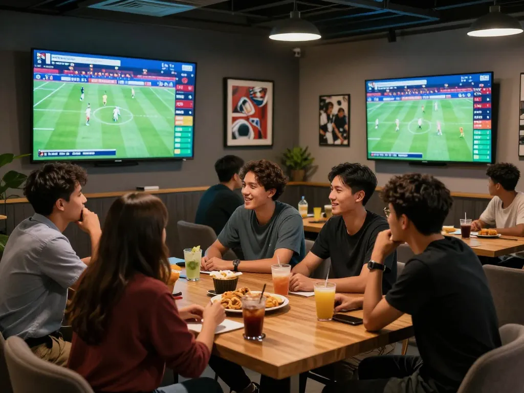 Kèo nhà cái updates displayed on screens in a lively sports lounge with fans analyzing betting strategies.
