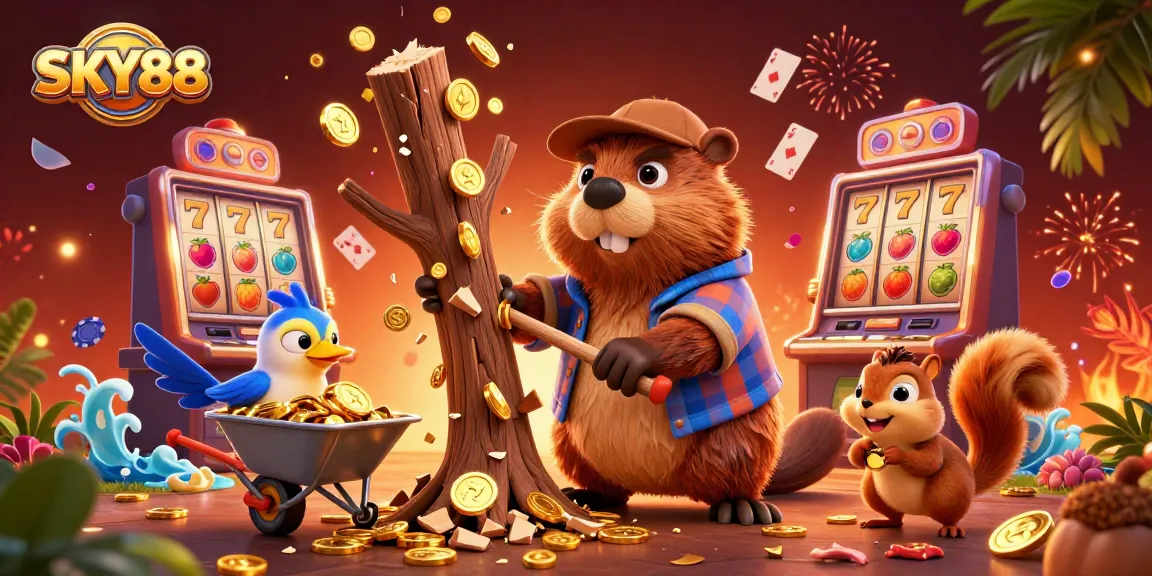 Engage with gaming adventures at SKY88, featuring beaver and friends in a vibrant casino scene.