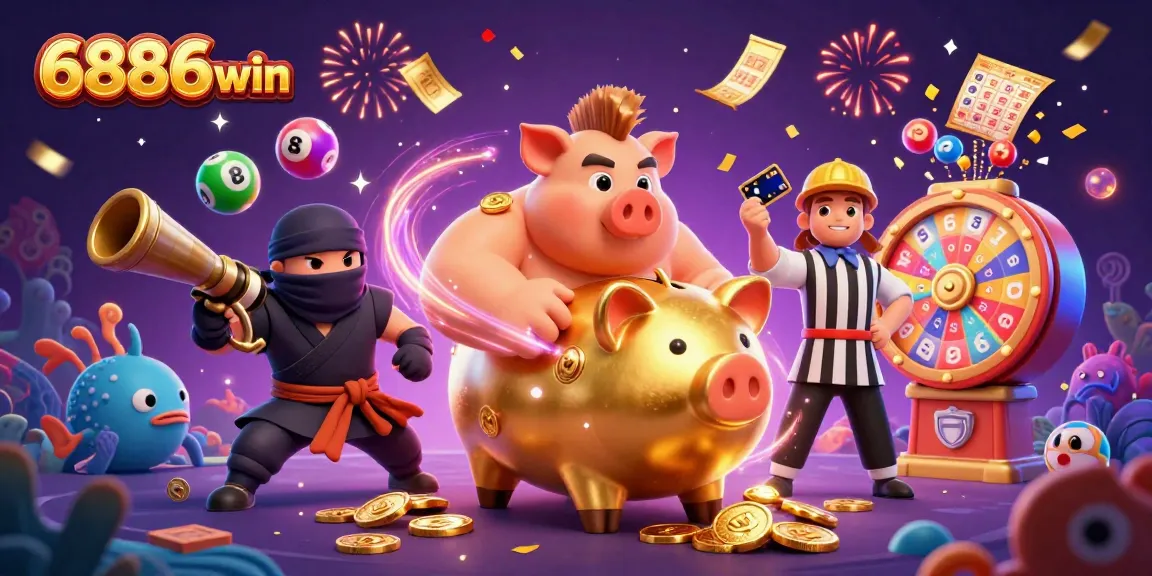 Experience thrilling fishing gameplay with 6886win as the golden piggy bank sumo wrestler unleashes golden coins.
