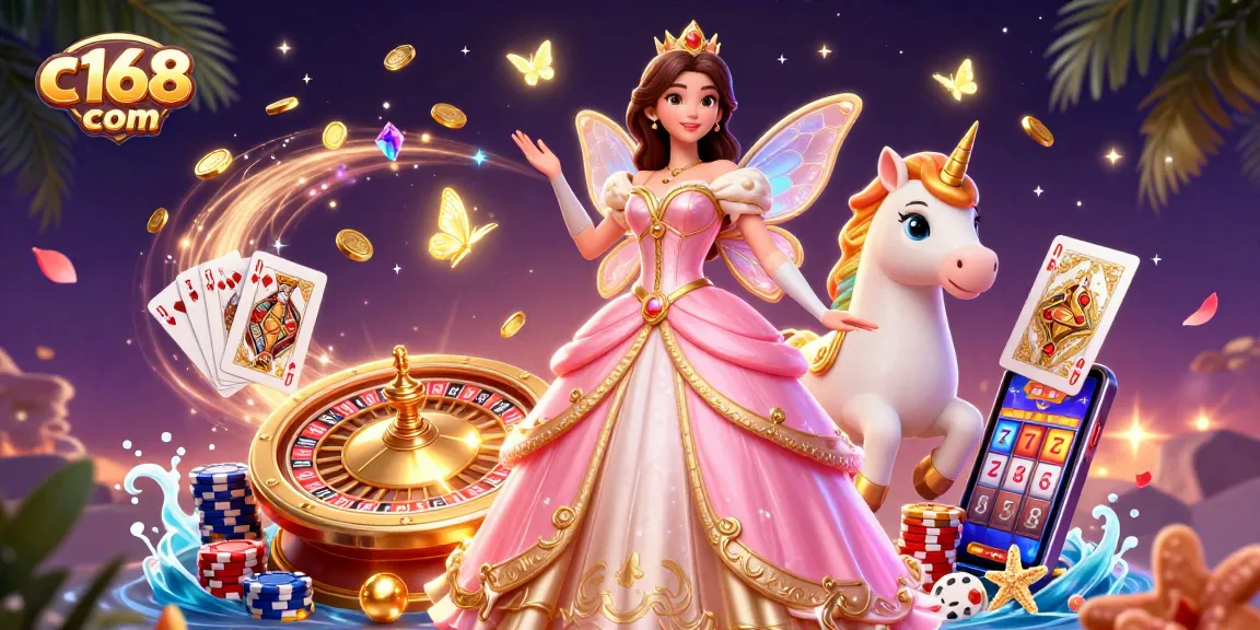 Win thrills at c168 com with a glamorous casino scene featuring vibrant character elements and dynamic game action.